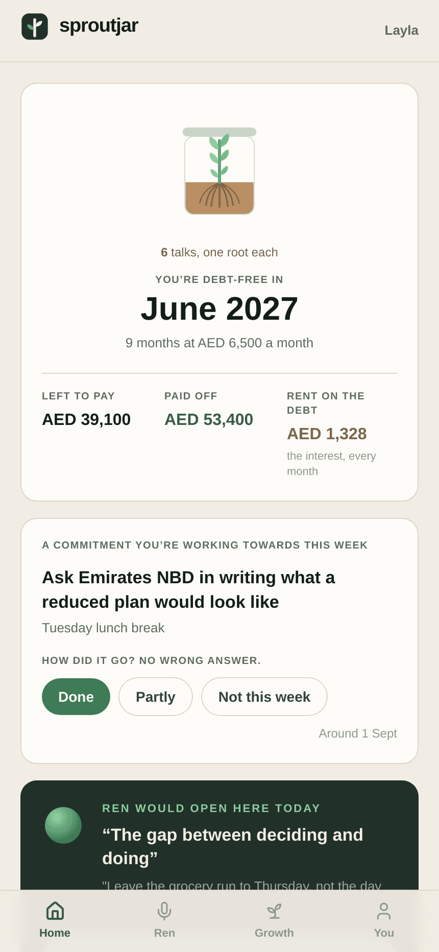 Today, then called Home: the plant in its jar, a debt-free date of June 2027, left to pay, paid off, and the monthly interest labelled rent on the debt.