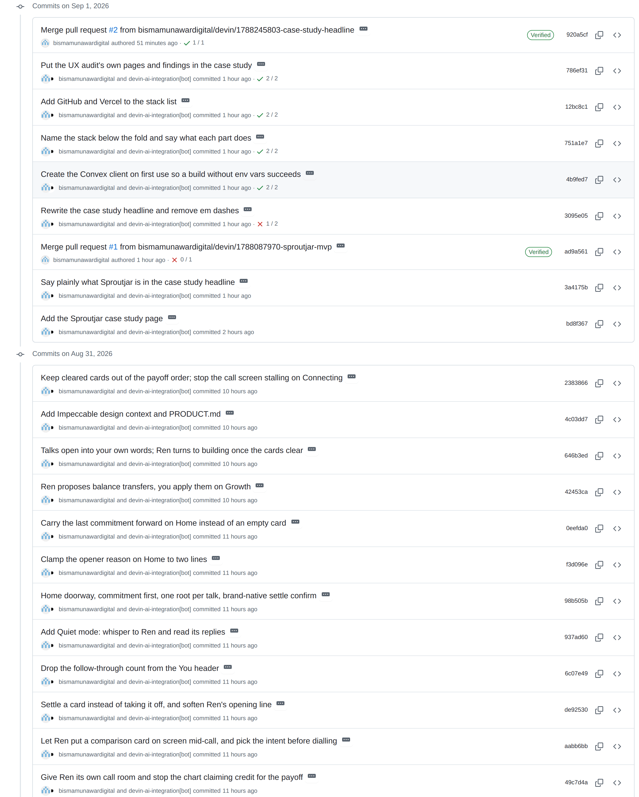 A list of commit messages describing product decisions, such as giving Ren its own call room and stopping the chart claiming credit for the payoff.