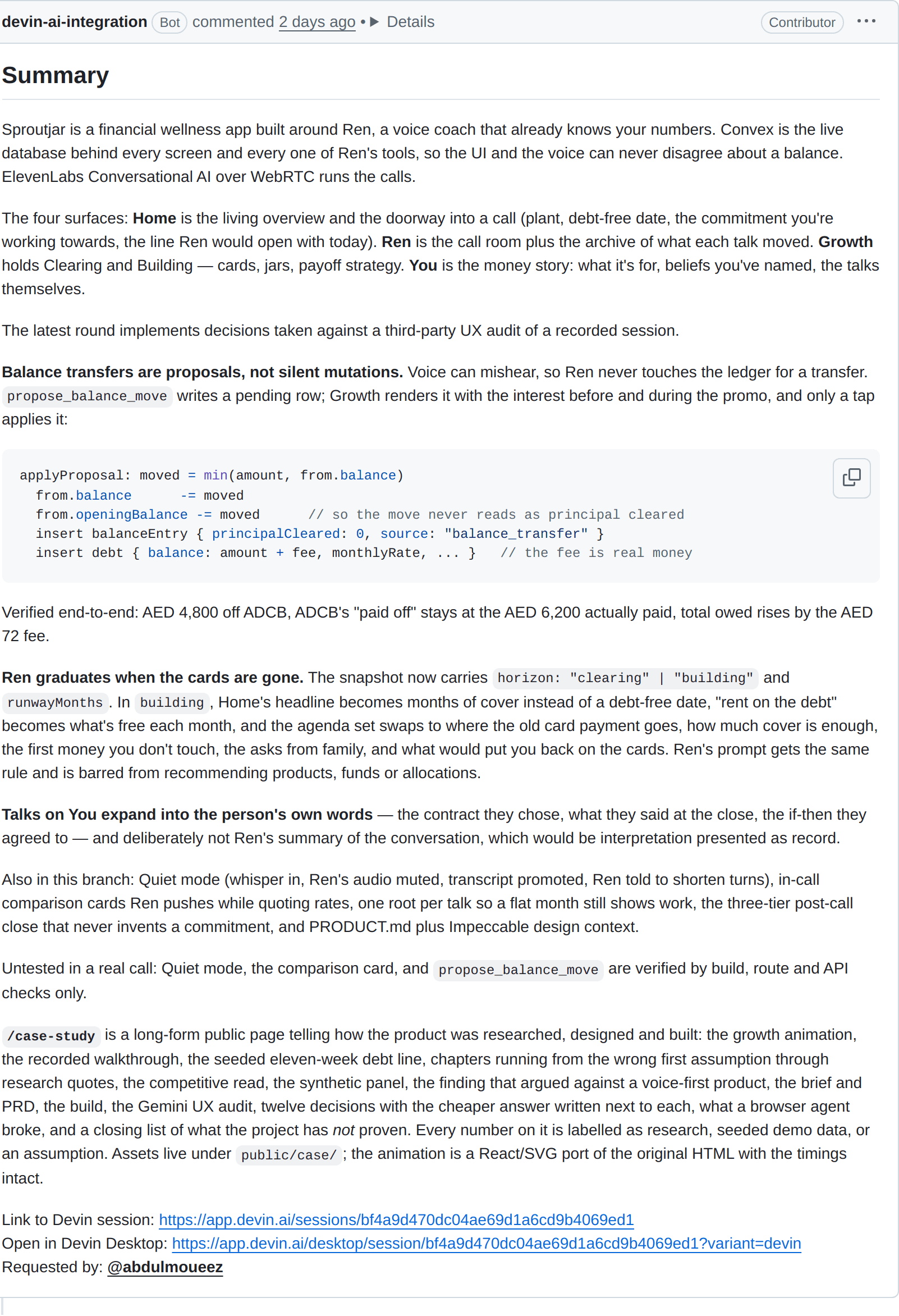 A pull request description setting out what changed and the reasoning behind each decision, including the balance transfer logic and what was left untested.