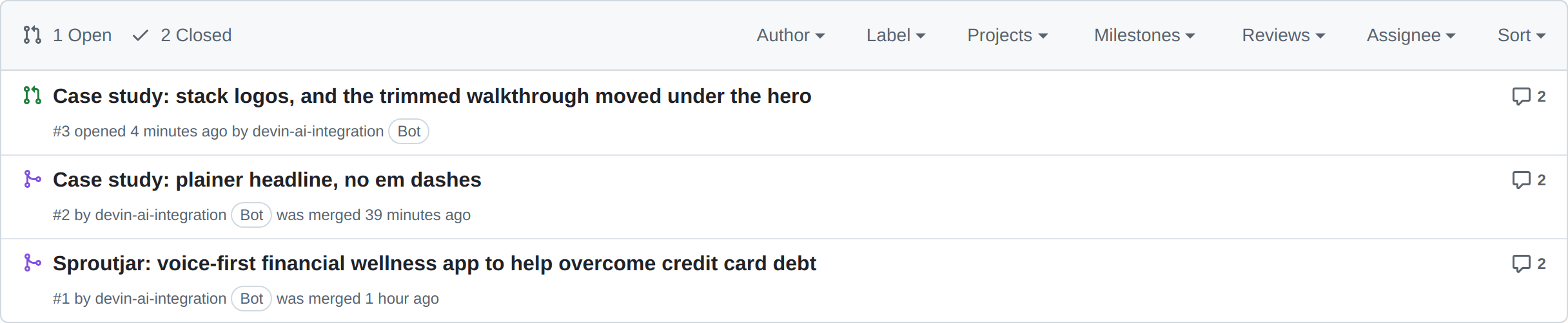 The repository's pull request list, showing successive merged pull requests for the app, the brand system, the audit fixes and the case study.